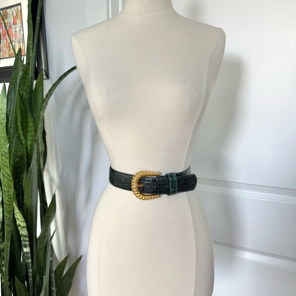 Vintage Worthington Teal Croc Gold Buckle Belt